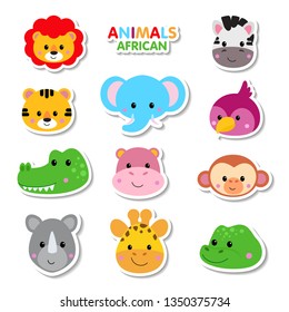 Cute set of cartoon animals stickers. Vector illustration of African animals