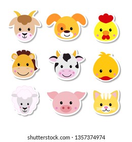 Cute set of cartoon animals stickers. Vector illustration farm animals