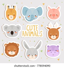 cute set of cartoon animals stickers. cute giraffe, elephant, pig, koala, deer, lion, bunny and hippo stockers