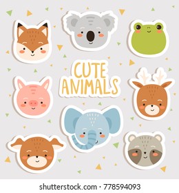 cute set of cartoon animals stickers. cute fox, koala, piggy, elephant, deer, dog and raccon stickers