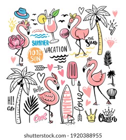 Cute set of cartoon animals tropic stickers. Vector collection in doodle style element with notes and lettering. Flamingos, vacation, summer, palms and beach.