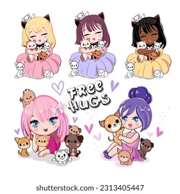 Cute set with cartoon anime girls with little kittens and puppies. Vector illustration print for t-shirt