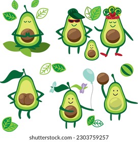 Una serie de dibujos animados de la familia de aguacates. Ilustración vectorial.