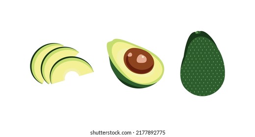 cute set with cartoon avocado and avocado slices with leaves on white background. can be used for greeting cards, party invitations or stickers