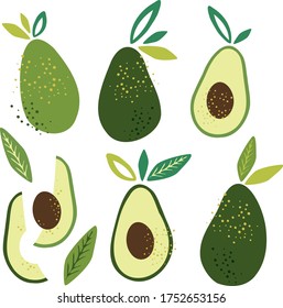 Cute Set mit Cartoon Avocado Vektorgrafik. Ganzer und geschnittener Avocado einzeln auf weißem Hintergrund. heller Vektorsatz aus bunter Hälfte, Scheibe und ganzen frischen Avocado. für Grußwagen, Aufkleber