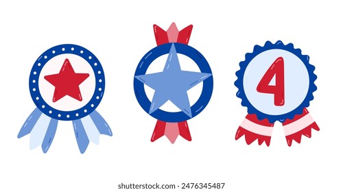 Cute set with cartoon badges and medals in colors of US flag. Insignia with stars, ribbon as symbol of Independence day, 4th July, freedom, democracy. Hand drawn collection isolated on white.