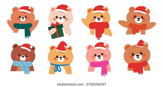 lindo conjunto de oso de dibujos animados con sombrero de Santa y bufanda para Navidades y pegatina de invierno