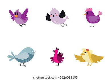 A cute set of cartoon birds, a funny vector illustration with animal and nature elements