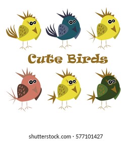 Cute set of cartoon birds in vector. Smart yellow, green, red and blue funny kind birds