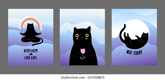 Cute set with cartoon black cats. Modern abstract posters and cards. Love style concept 