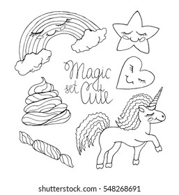 Cute set cartoon doodle vector illustration. Unicorn, rainbow, clouds, star, heart, candy, poop, magic isolated on a white background. Cloth design, child,print, wallpaper, paper, card, holiday. Eps10