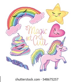 Cute Set Cartoon doodle Vektorgrafik. Einhorn, Regenbogen, Wolken, Stern, Herz, Süßigkeiten, Pop, Magie einzeln auf weißem Hintergrund. Stoffdesign, Kind, Druck, Tapete, Papier, Karte, Urlaub. EPS10
