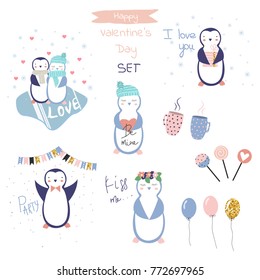 Cute set cartoon elements for Valentine's Day greeting cards. Vector hand drawn illustration.