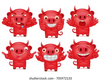 Cute set of cartoon emoticon red devil character. Vector illustration