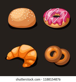 Cute set of cartoon fast food vector isons, isolated on black burger, donut, croissant, bagel