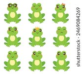 Cute set of cartoon frogs. Adorable little frogs are smiling, sad.Simple vector illustration in flat style.