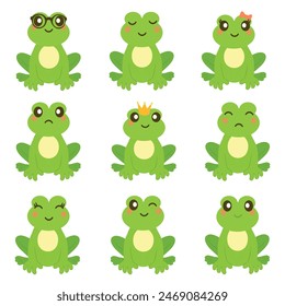 Cute set of cartoon frogs. Adorable little frogs are smiling, sad.Simple vector illustration in flat style.