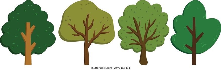 Lindo conjunto de árbol verde de dibujos animados para la ilustración de los niños del bosque y la naturaleza