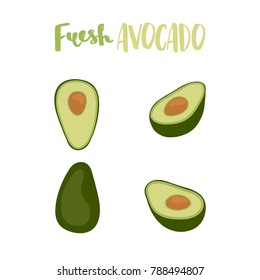 Cute set with cartoon half avocado and whole of fresh avocado. Flat vector illustration avocados isolated on white background.