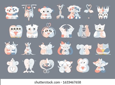 Cute set of cartoon Hugging animals stickers. Loving couple animals. Vector illustration