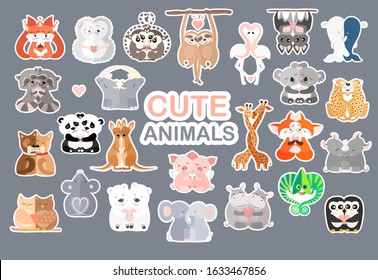 Cute set of cartoon Hugging animals stickers. Loving couple animals. Vector illustration