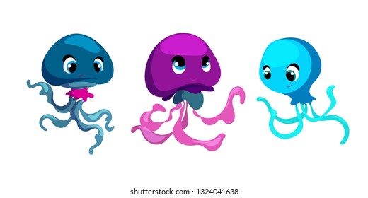 Cute set cartoon jellyfish. Character design. Vector illustration