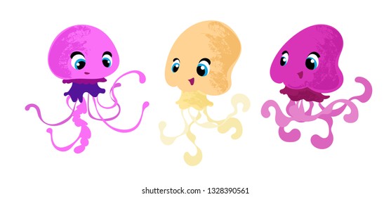 Cute set cartoon jellyfish. Character design. Vector illustration