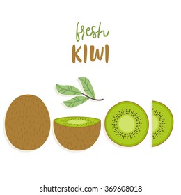 cute set with cartoon kiwi and kiwi slices with leaves on white background. can be used for greeting cards, party invitations or like stickers