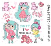 Cute set with cartoon little girl with blue hair and pink teddy bear toys in anime style. Kawaii style. Vector illustration t-shirt print. Chibi manga little girl