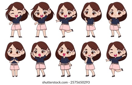 Cute set with cartoon little girl with pink skirt in anime style. Kawaii style. Vector illustration t-shirt print. Chibi manga little girl