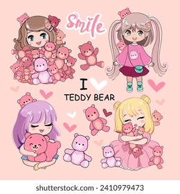 Cute set with cartoon little girls  in anime style with funny teddy bear toys. Kawaii style. Vector illustration t-shirt print. Funny Chibi little girl