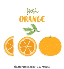 cute set with cartoon orange and orange slices with leaves on white background. can be used for greeting cards, party invitations or stickers