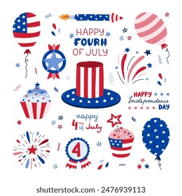 Cute set with cartoon patriotic symbols of USA Independence day. Fireworks, Uncle Sam hat, medal, cupcake, balloons, flag, lettering, etc. Hand drawn national signs for 4th July celebration, festival.