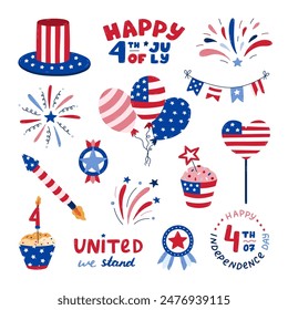 Cute set with cartoon patriotic symbols of USA Independence day. Fireworks, Uncle Sam hat, medal, cupcake, balloons, flag, lettering, etc. Hand drawn national signs for 4th July celebration, festival.