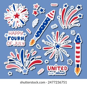 Cute set of cartoon stickers with fireworks, rockets and lettering for 4th July for planners, notebooks. Ready for print list of cute stickers. Salute as sign of Independence day, holidays, festival.