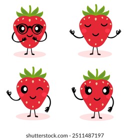 Cute set of cartoon strawberries. Cute strawberries are smiling. Simple vector illustration in flat style.