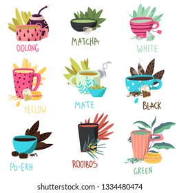 Cute set of cartoon teacups in flat style. Vector illustrations of differenet types of tea: Oolong, matcha, white, yellow, mate, black, pu-erh, rooibos, green.