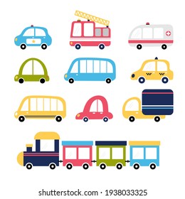 Cute set of cartoon transports for kids design. Collection of cars. Fire truck, ambulance, police, train, taxi, bus. Vector illustration