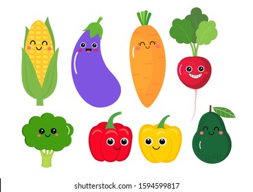 Cute set of cartoon vegetables characters isolated on white. bell pepper, eggplant, corn, broccoli, radish and avocado. Vector illustration.