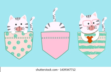 Cute set of cartoon white little cat kitty girl in t shirt pocket decorated with heart,sunglasses and wool decorated with polkadot and stripped background..Vector design for kids,baby,nursery print.
