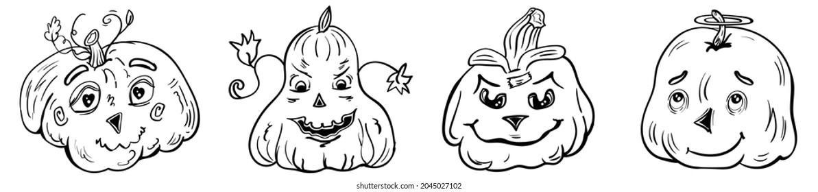 Cute Set Carving Kürbis Färbung Halloween-Vektorgrafik