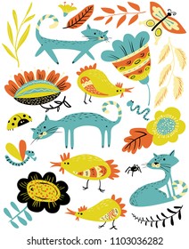 Cute set with cat and chiken. Floral summer collection with farm animals and insects. Vector illustration with abstract flowers in decorative style. Design elements and objects