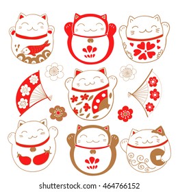 Cute set with cats Maneki Neko, bringing luck and prosperity. Vector illustration.