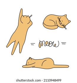 Cute set with cats sleeping. Vector illustration with doodles with editable line in black and yellow. Pet image for kids print, T-shirt design.