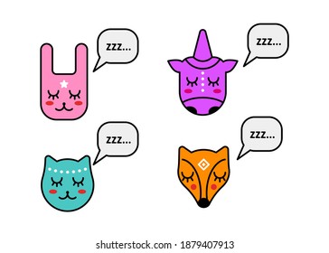 Cute set characters sleeping animals, cat, unicorn, hare, fox isolated on white background. Adorable animal heads