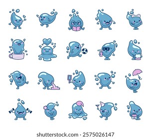 Cute set of charming water drop cartoon characters showcasing various emotions and activities, including smiling, greeting, being surprised, celebrating, and more for creative and emotional designs