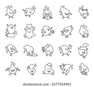 Cute set of charming water drop cartoon characters showcasing various emotions and activities, including smiling, greeting, being surprised, celebrating, and more for creative and emotional designs