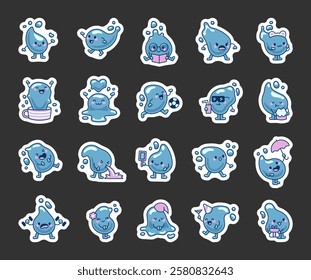 Cute set of charming water drop cartoon characters showcasing various emotions and activities, including smiling, greeting, being surprised, celebrating, and more for creative and emotional designs