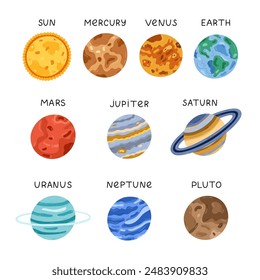 Cute set with childish planets of Solar System in sequence. Hand drawn doodle with astronomy celestial bodies for kids, school infographic, outer space, universe placard. Sun, Earth, Mercury, etc.