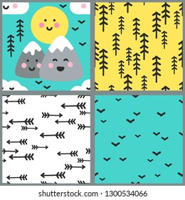 Cute set of childish seamless patterns with Kawaii Mountains landscape for your decoration, ideal for kids fabrics textile